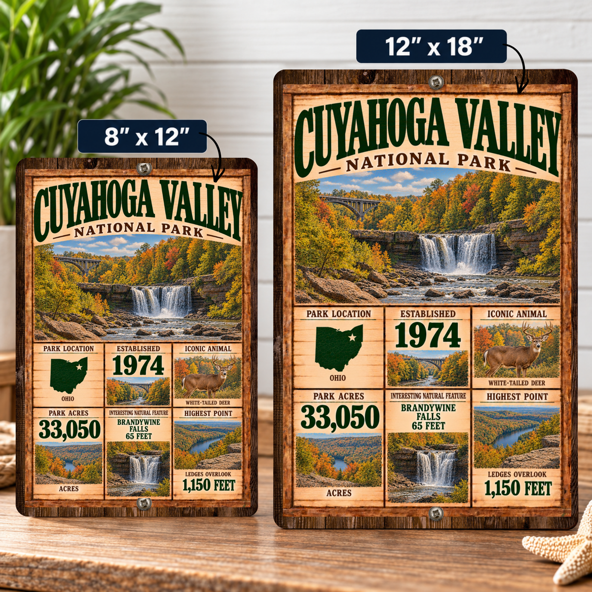 Cuyahoga Valley National Park facts sign shown in 8 by 12 and 12 by 18 inch sizes