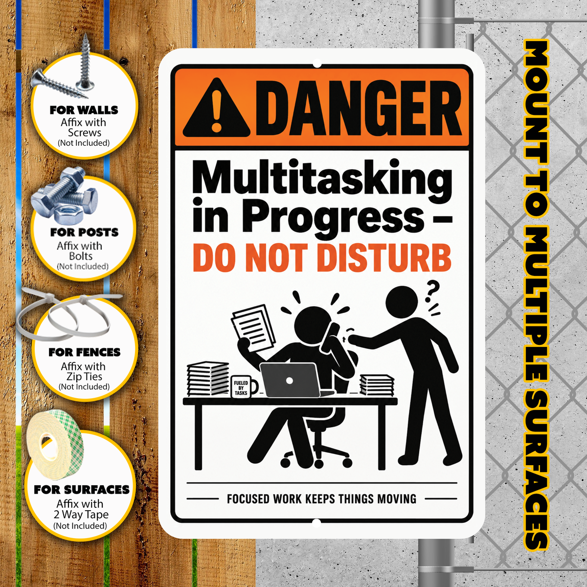 Danger Multitasking in Progress Sign – Funny Office & Workplace Aluminum Sign