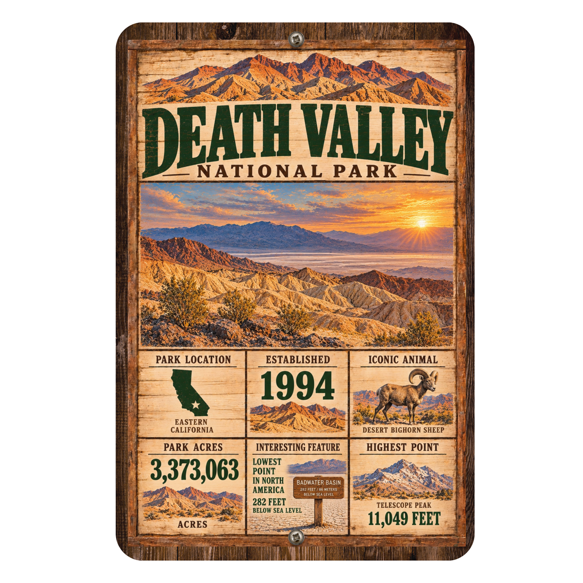 Death Valley National Park facts aluminum sign with vintage California desert artwork