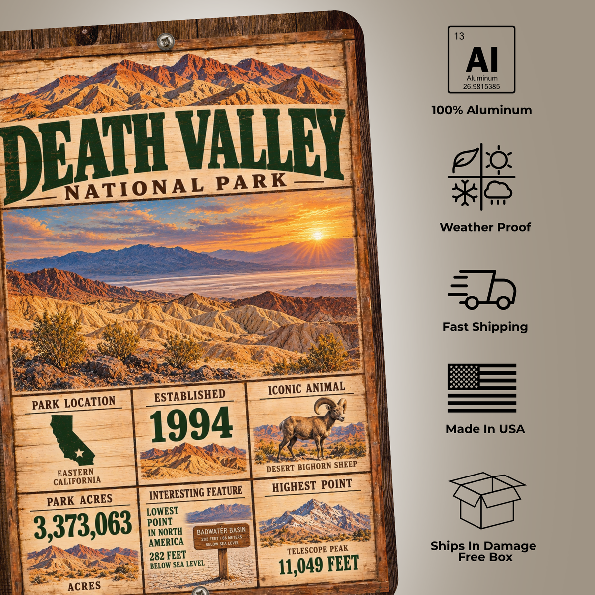 Death Valley National Park sign features including aluminum construction and weather resistance