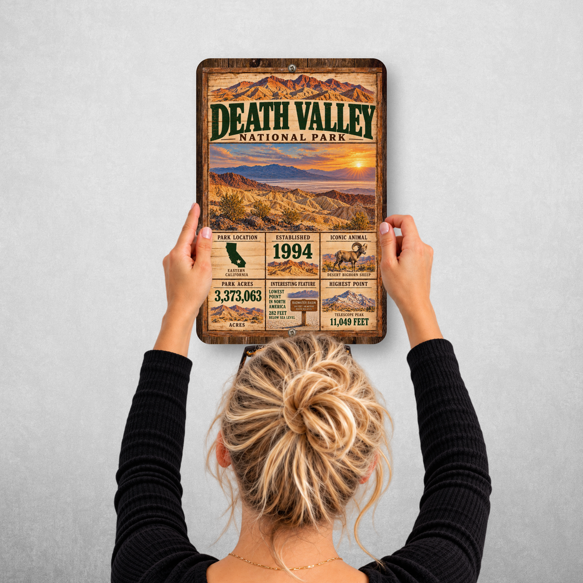 Death Valley National Park facts sign hanging on a wall