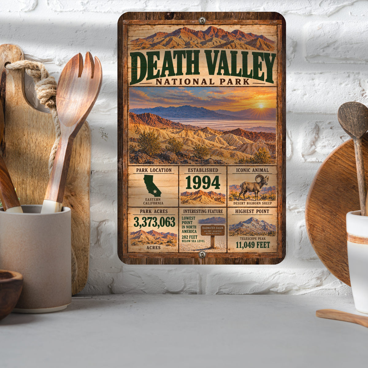 Death Valley National Park aluminum facts sign displayed in a kitchen