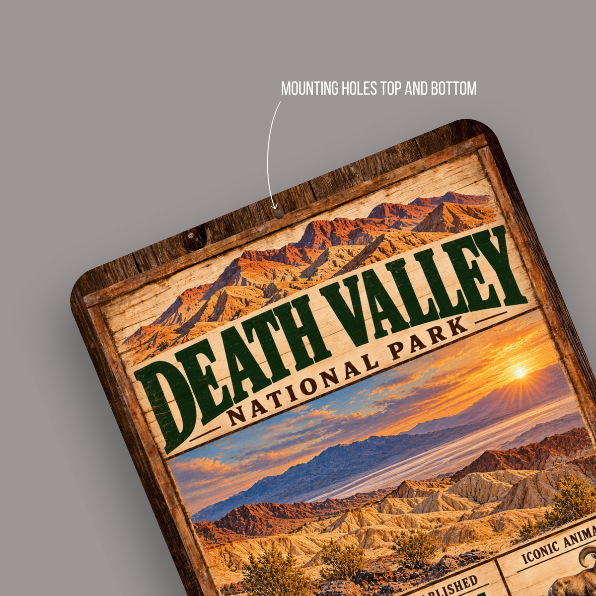 Death Valley National Park aluminum sign showing rounded corners and mounting holes