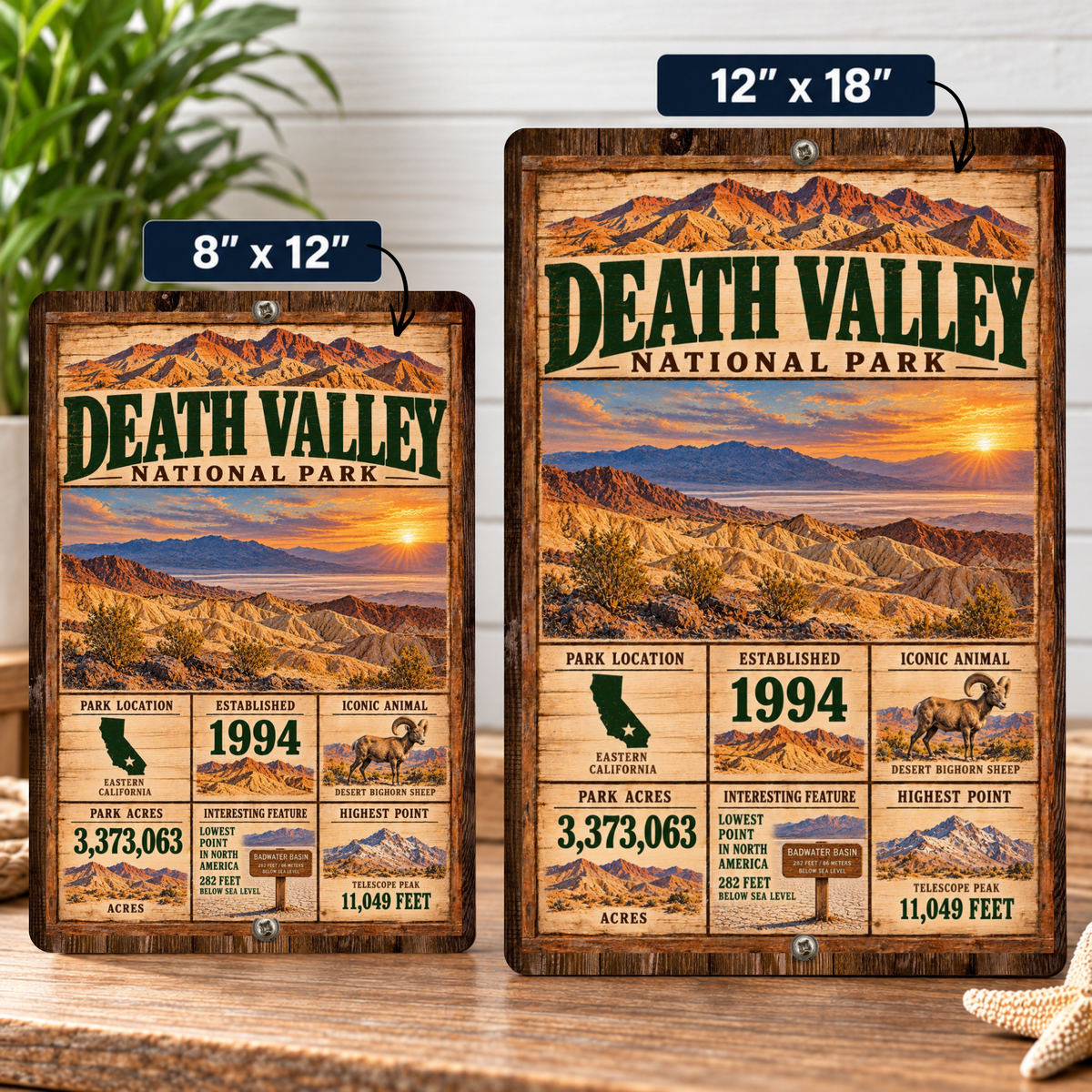 Death Valley National Park facts sign shown in 8 by 12 and 12 by 18 inch sizes