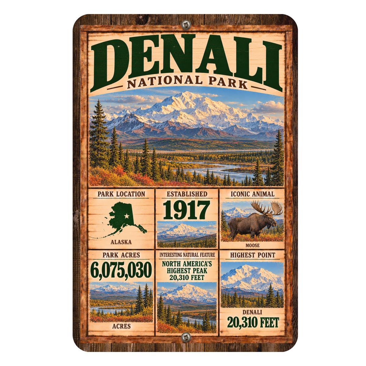 Denali National Park facts aluminum sign with vintage Alaska mountain artwork