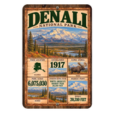 Denali National Park facts aluminum sign with vintage Alaska mountain artwork
