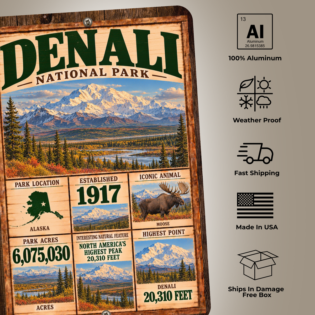 Denali National Park sign features including aluminum construction and weather resistance