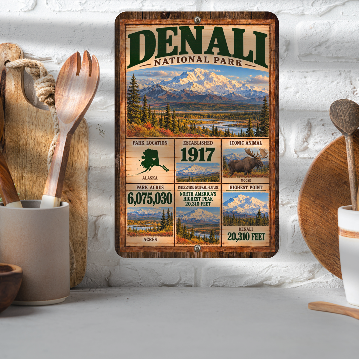 Denali National Park aluminum facts sign displayed in a kitchen