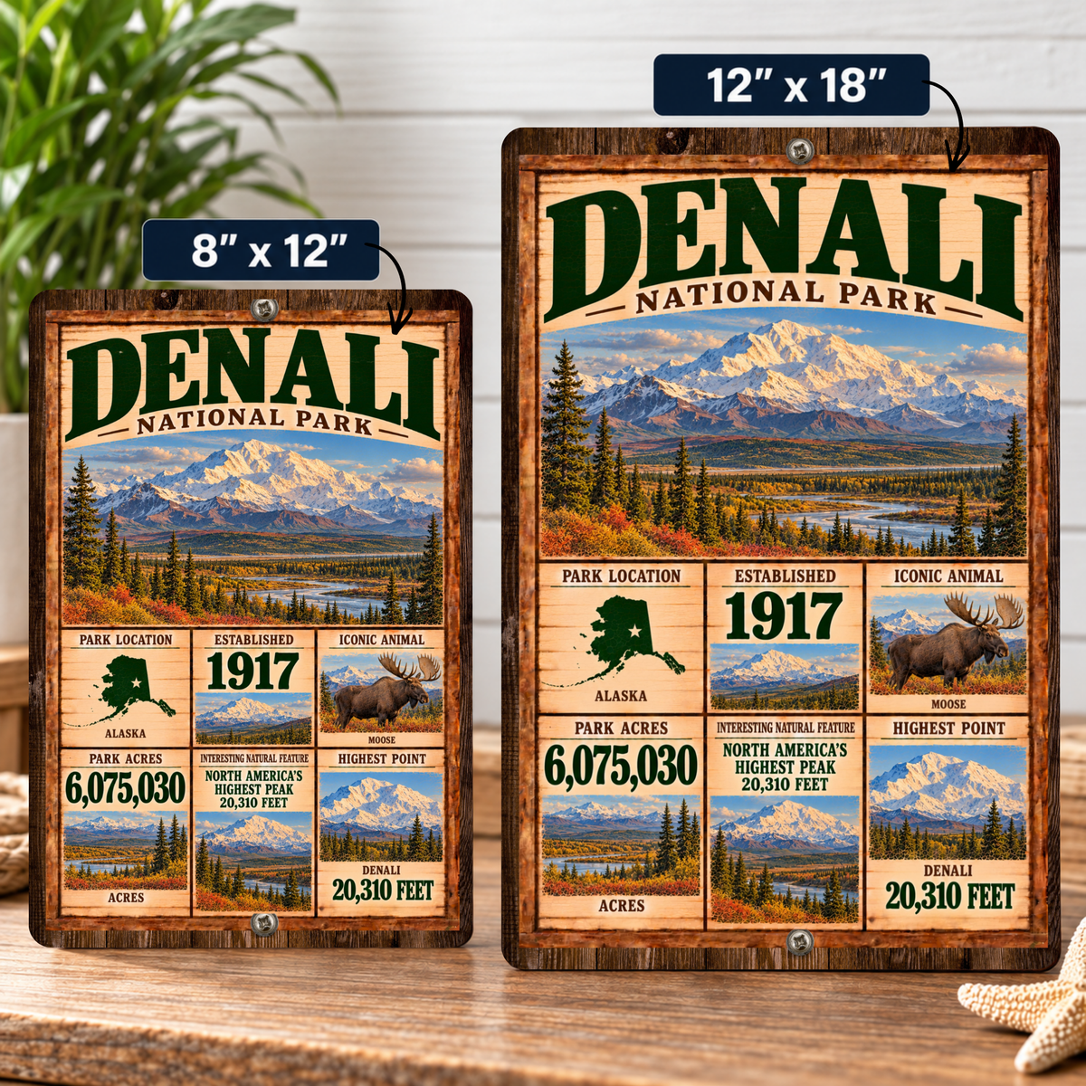 Denali National Park facts sign shown in 8 by 12 and 12 by 18 inch sizes