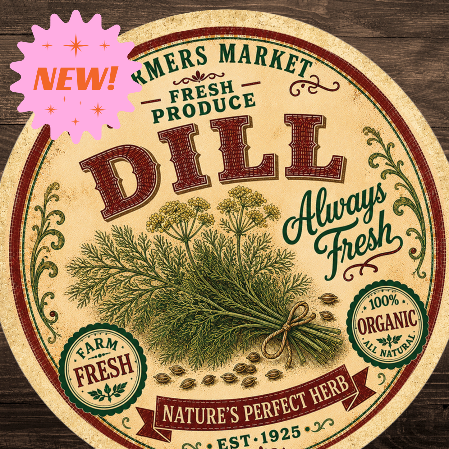 Vintage Dill Farmers Market Round Aluminum Sign – 12 Inch