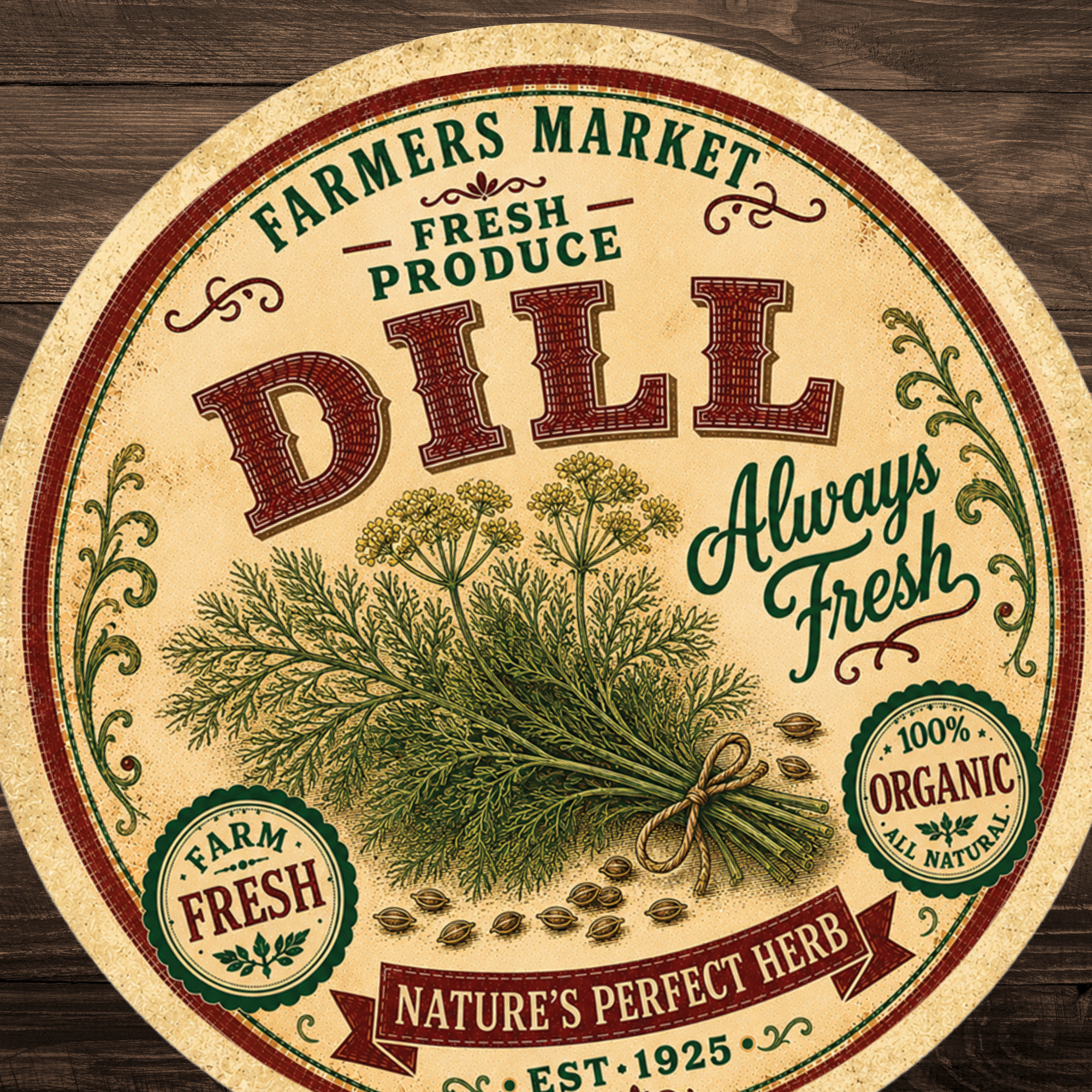 Vintage Dill Farmers Market Round Aluminum Sign – 12 Inch
