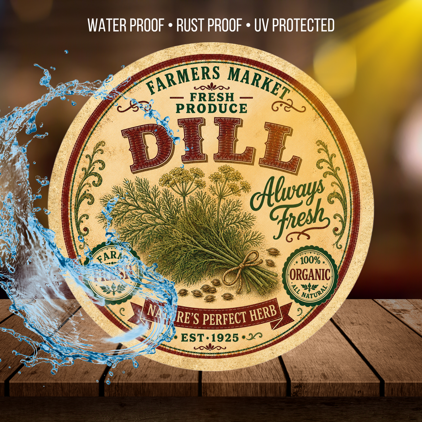 Vintage Dill Farmers Market Round Aluminum Sign – 12 Inch