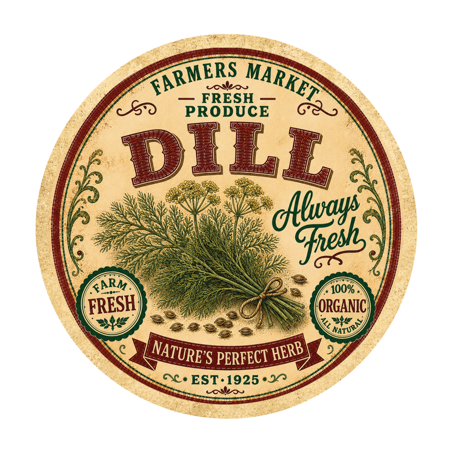Vintage Dill Farmers Market Round Aluminum Sign – 12 Inch