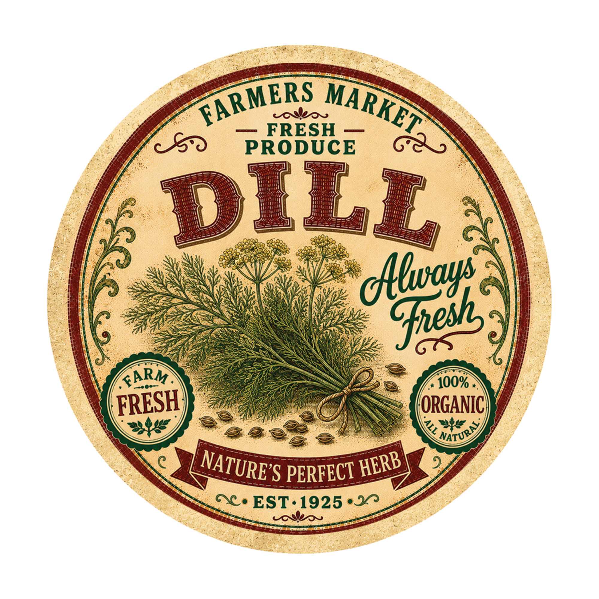 Vintage Dill Farmers Market Round Aluminum Sign – 12 Inch