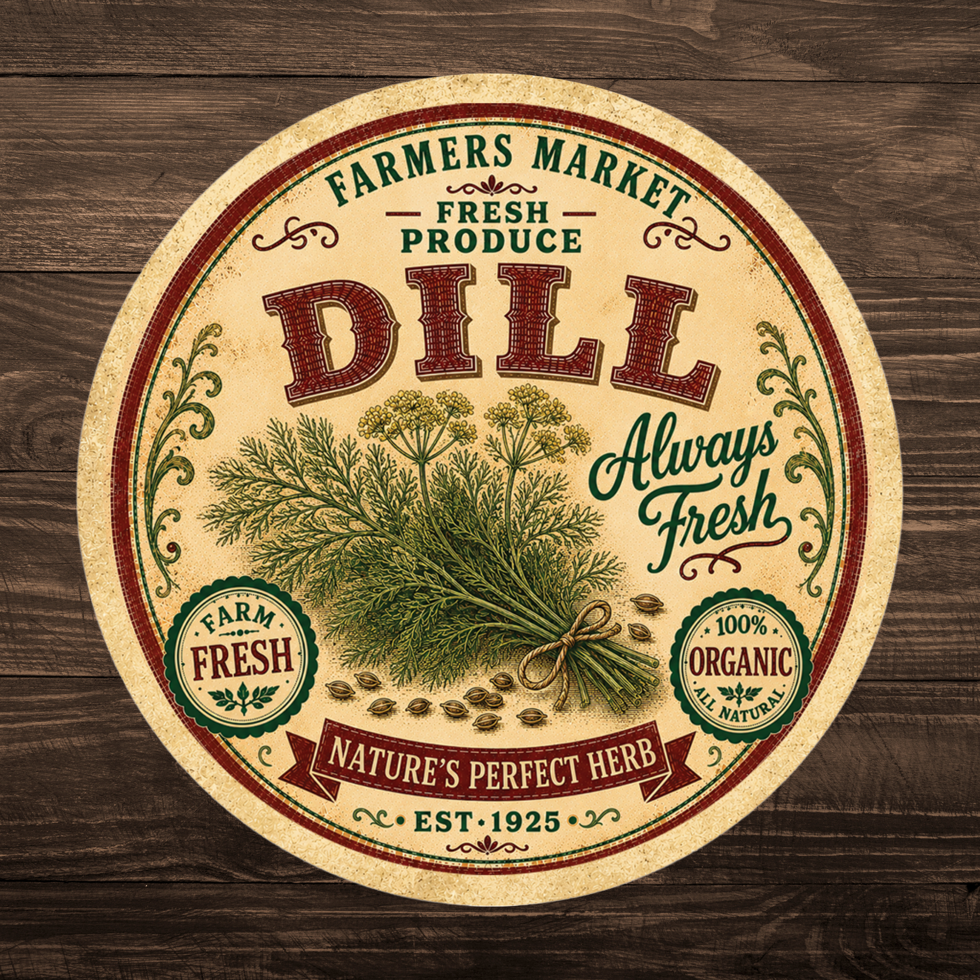 Vintage Dill Farmers Market Round Aluminum Sign – 12 Inch