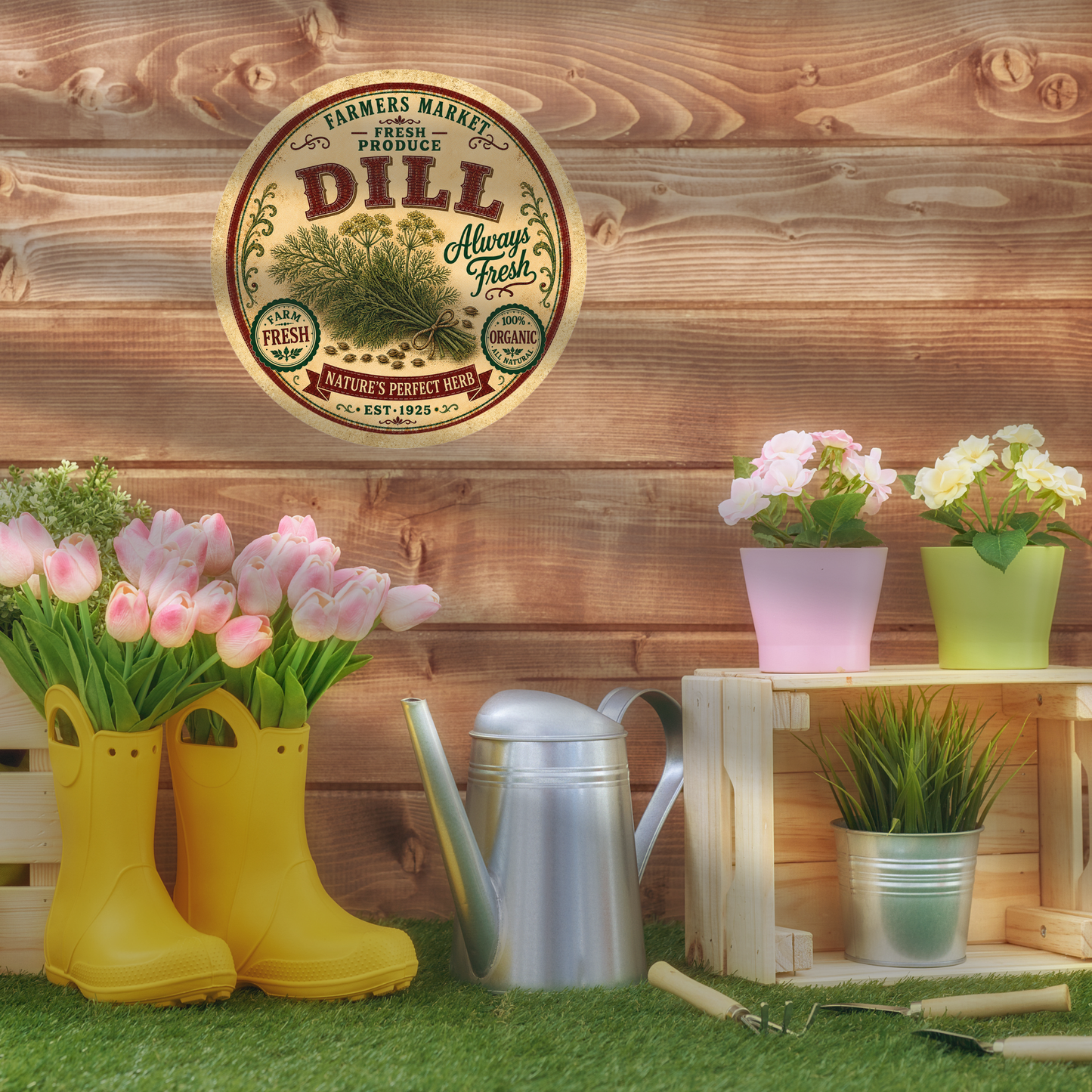 Vintage Dill Farmers Market Round Aluminum Sign – 12 Inch