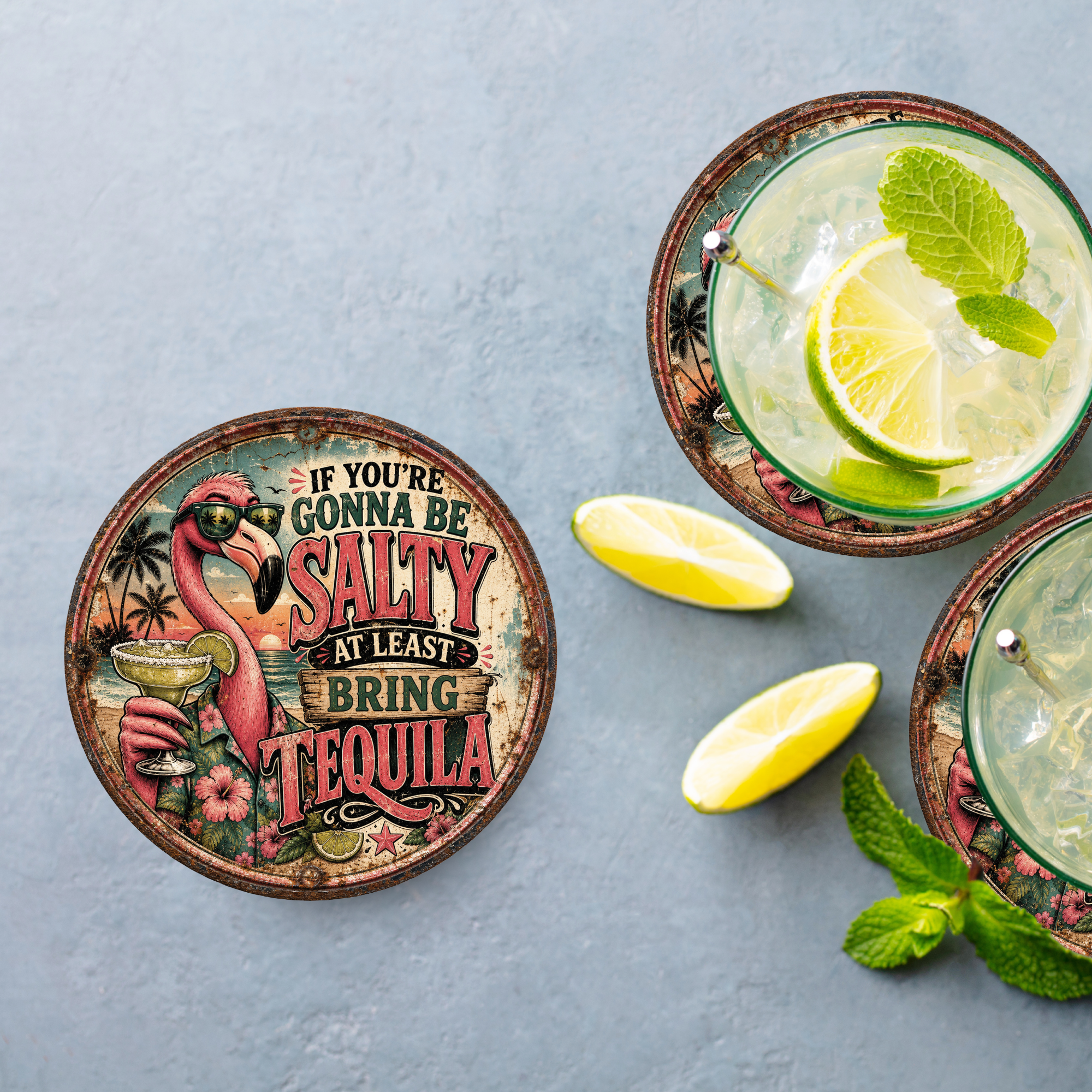 Funny Flamingo Tequila Ceramic Coaster Set – 4-Inch Round