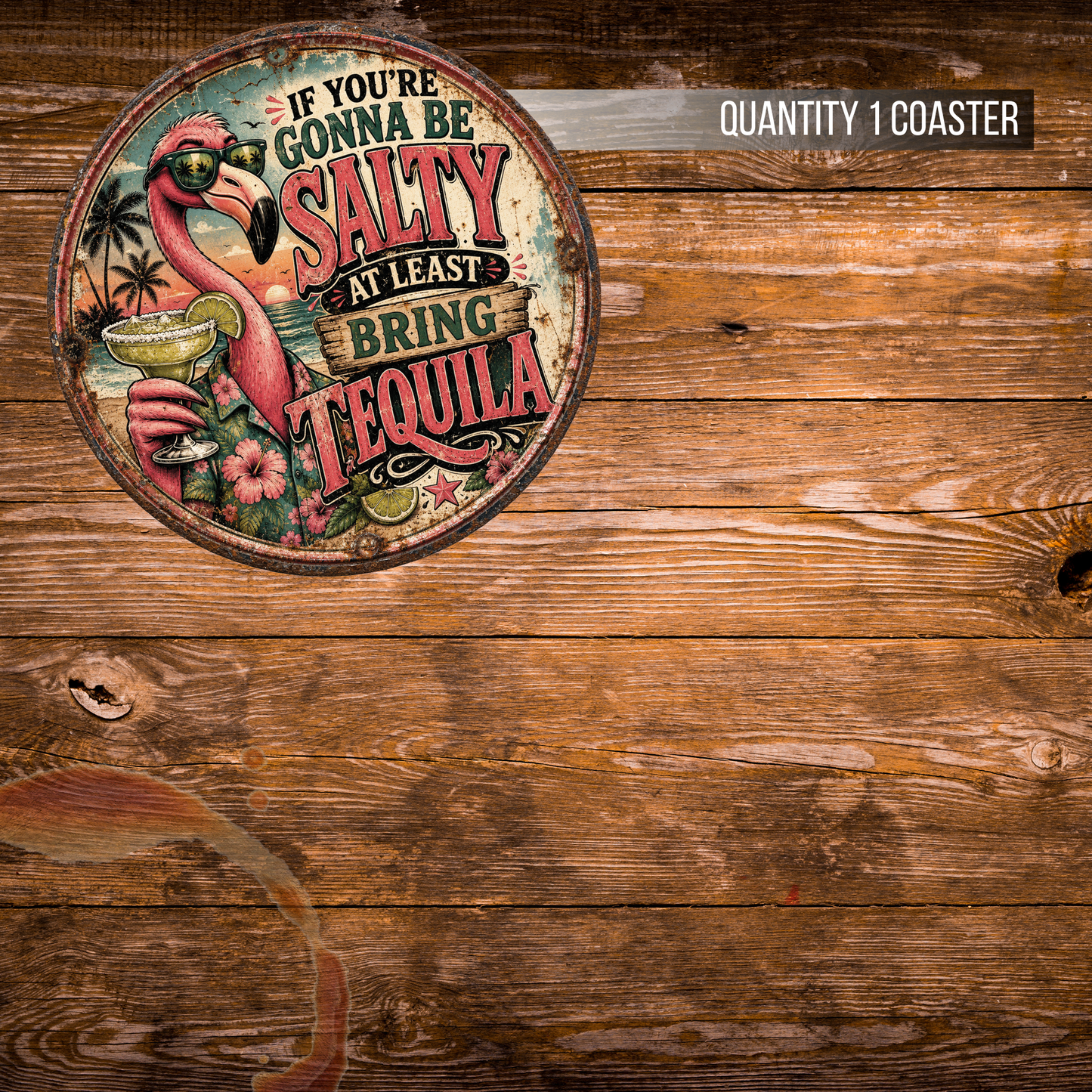 Funny Flamingo Tequila Ceramic Coaster Set – 4-Inch Round