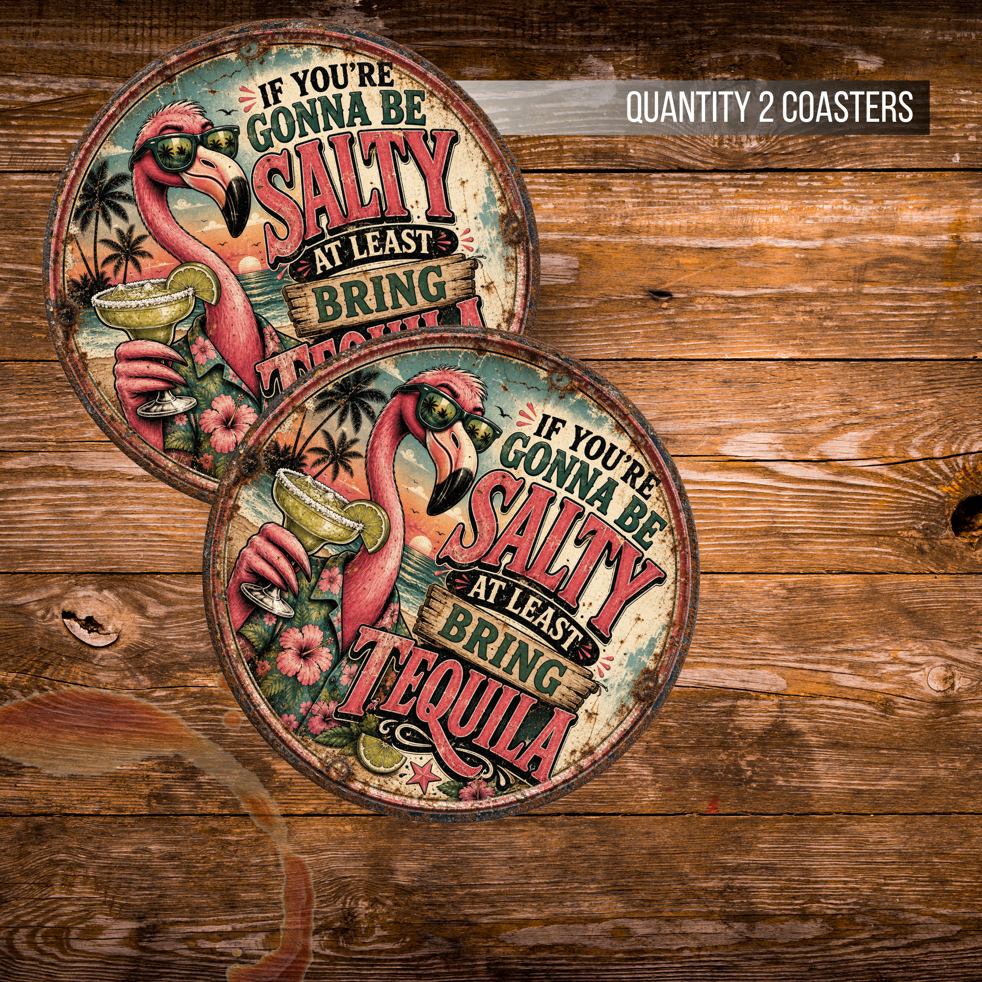 Funny Flamingo Tequila Ceramic Coaster Set – 4-Inch Round