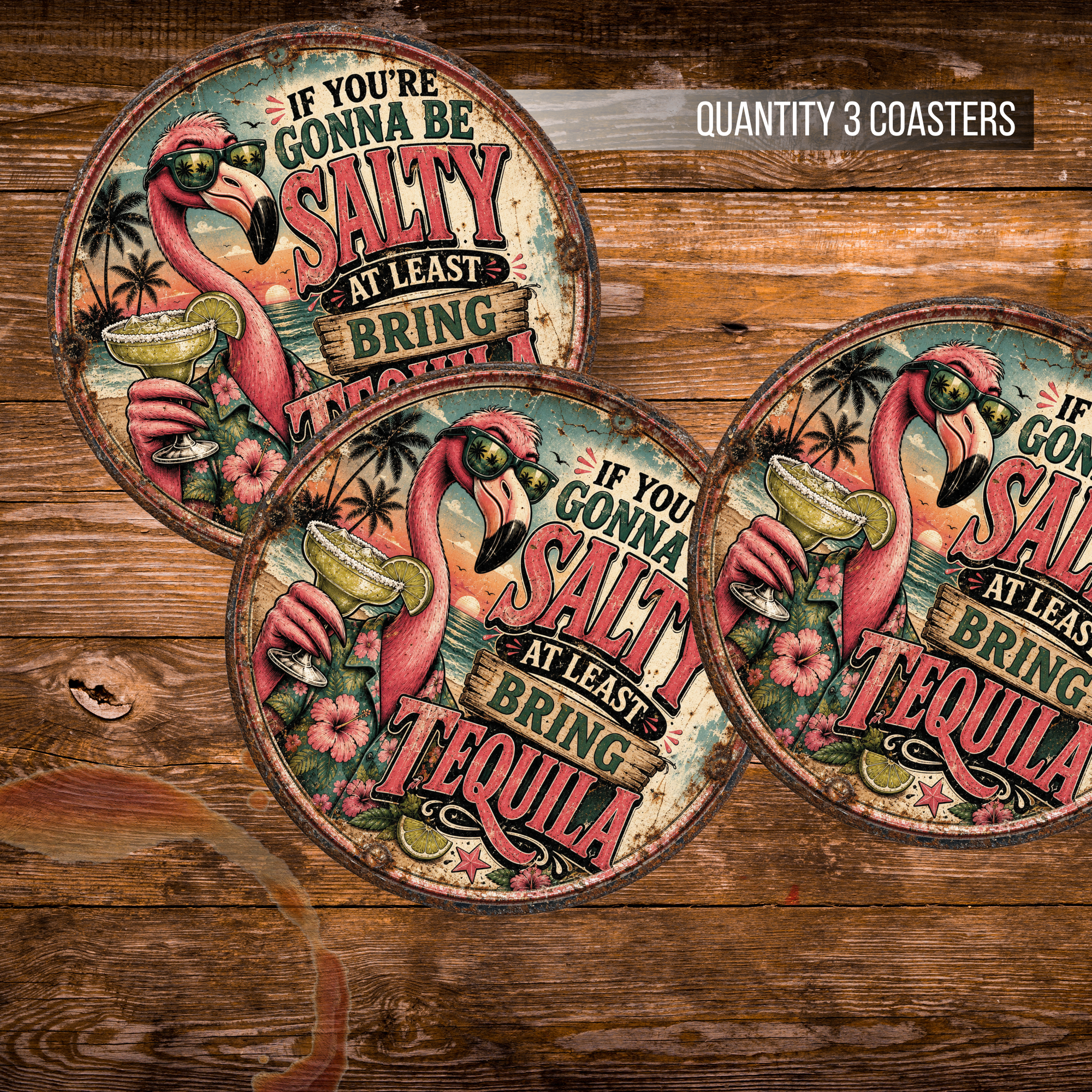 Funny Flamingo Tequila Ceramic Coaster Set – 4-Inch Round