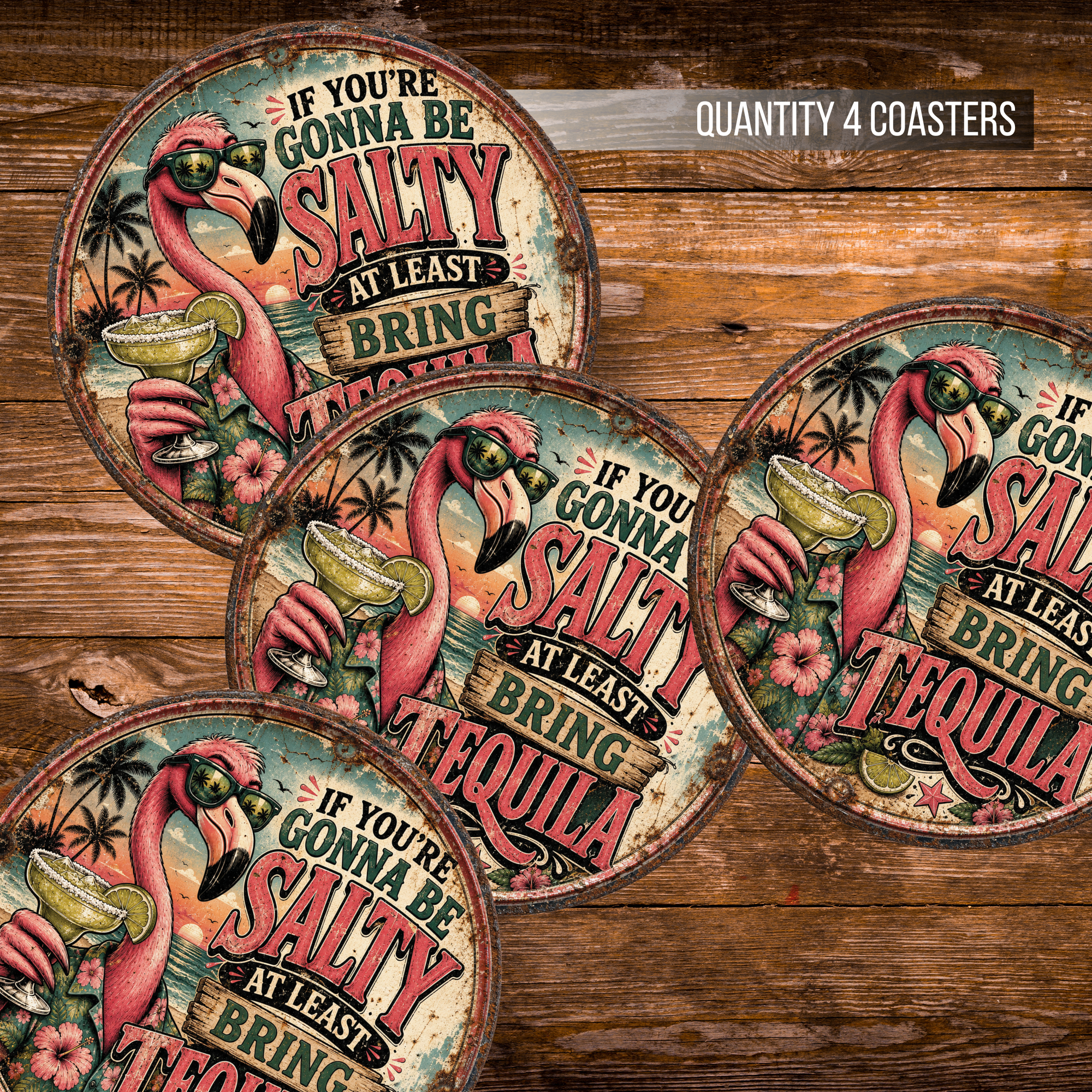 Funny Flamingo Tequila Ceramic Coaster Set – 4-Inch Round