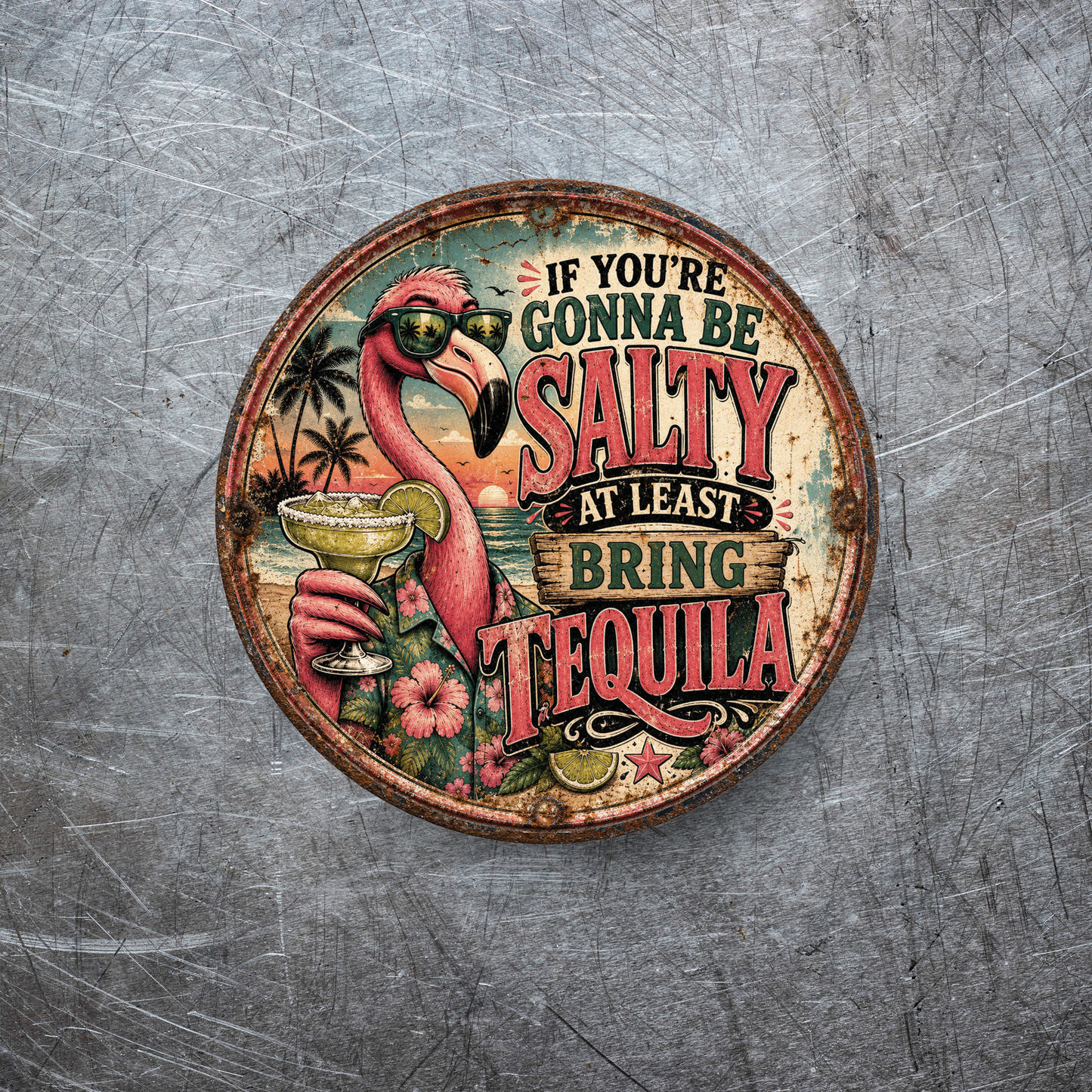 Funny Flamingo Tequila Magnet – 3-Inch Round Tropical Décor