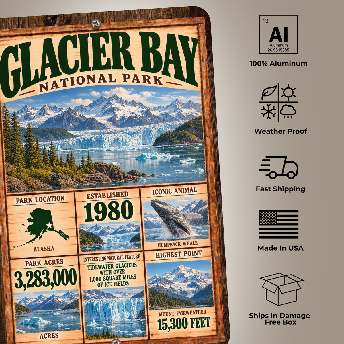 Glacier Bay National Park sign features including aluminum construction and weather resistance
