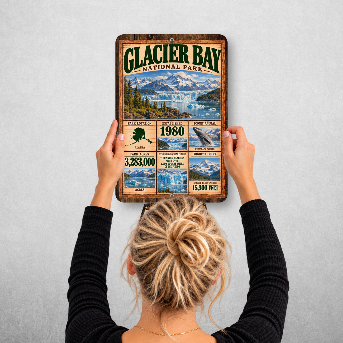 Glacier Bay National Park facts sign hanging on a wall