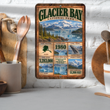 Glacier Bay National Park aluminum facts sign displayed in a kitchen