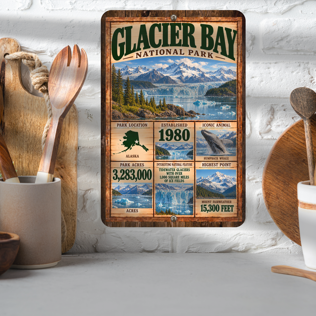 Glacier Bay National Park aluminum facts sign displayed in a kitchen