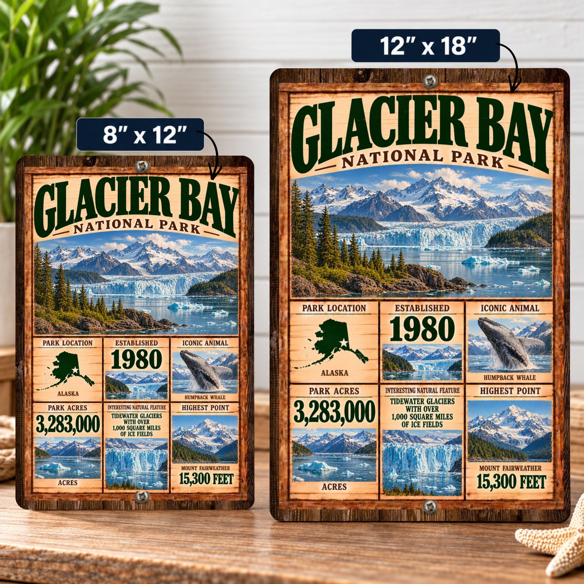 Glacier Bay National Park facts sign shown in 8 by 12 and 12 by 18 inch sizes