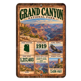 Grand Canyon National Park facts aluminum sign with vintage Arizona canyon artwork
