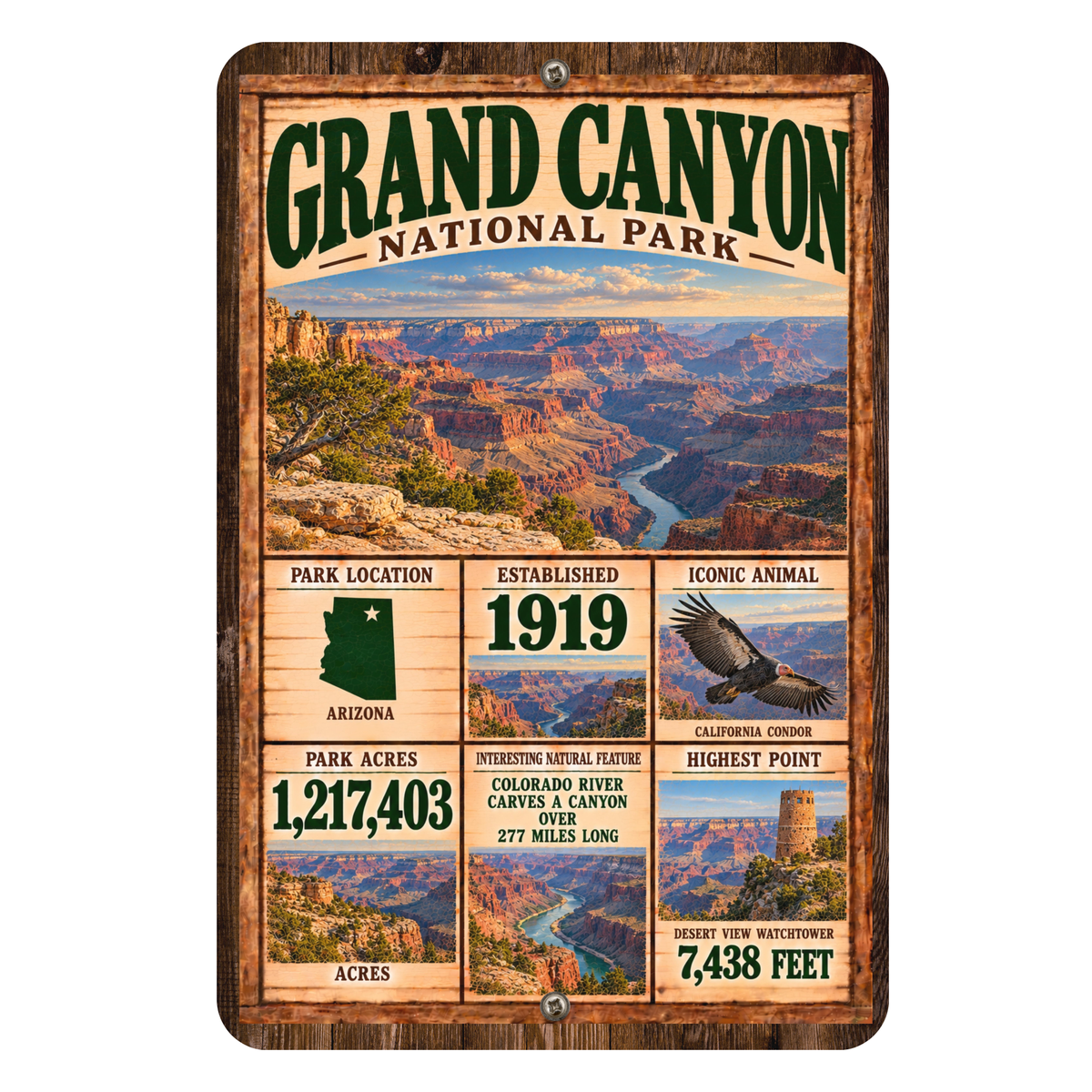 Grand Canyon National Park facts aluminum sign with vintage Arizona canyon artwork