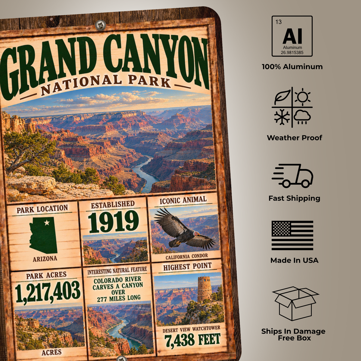 Grand Canyon National Park sign features including aluminum construction and weather resistance