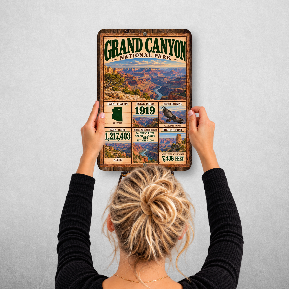 Grand Canyon National Park facts sign hanging on a wall