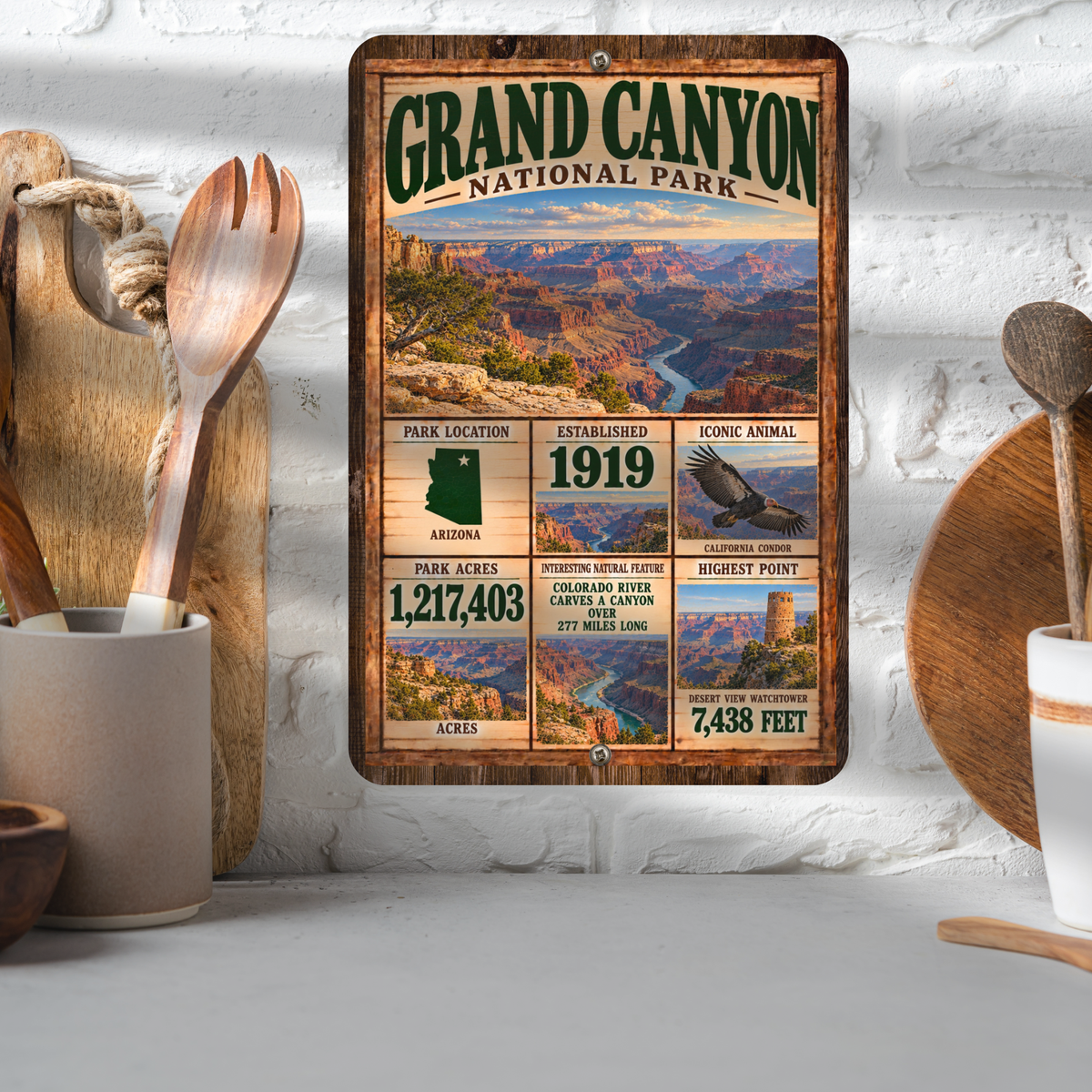 Grand Canyon National Park aluminum facts sign displayed in a kitchen