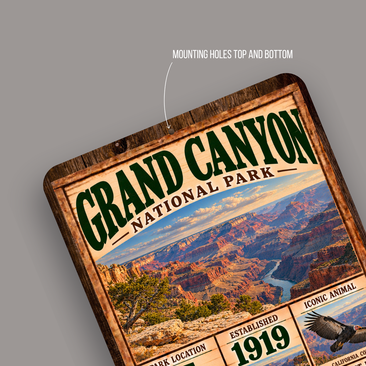 Grand Canyon National Park aluminum sign showing rounded corners and mounting holes