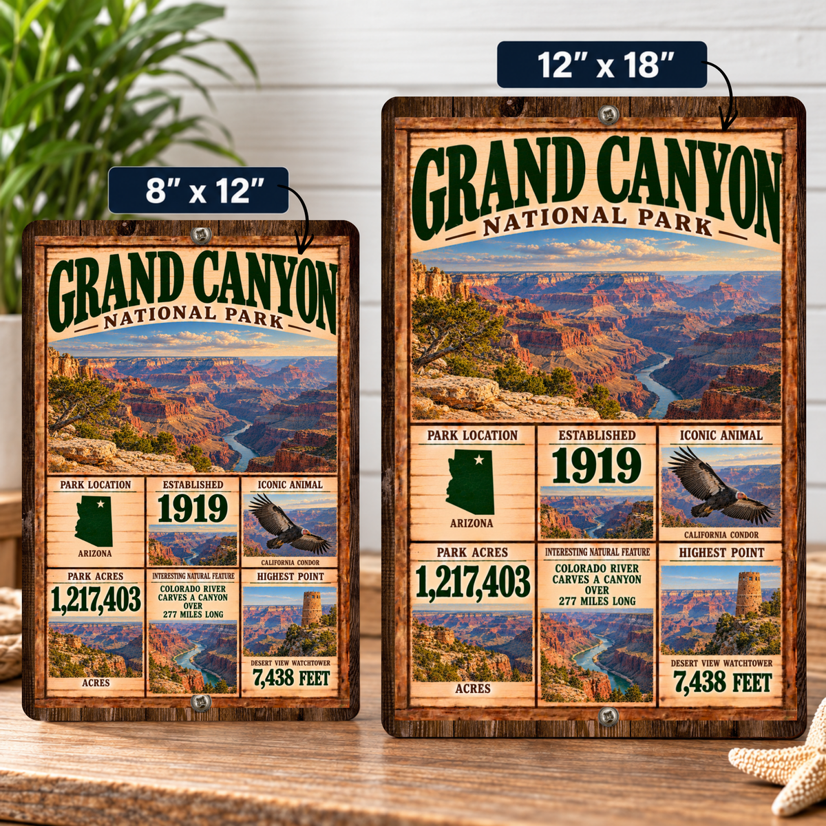 Grand Canyon National Park facts sign shown in 8 by 12 and 12 by 18 inch sizes