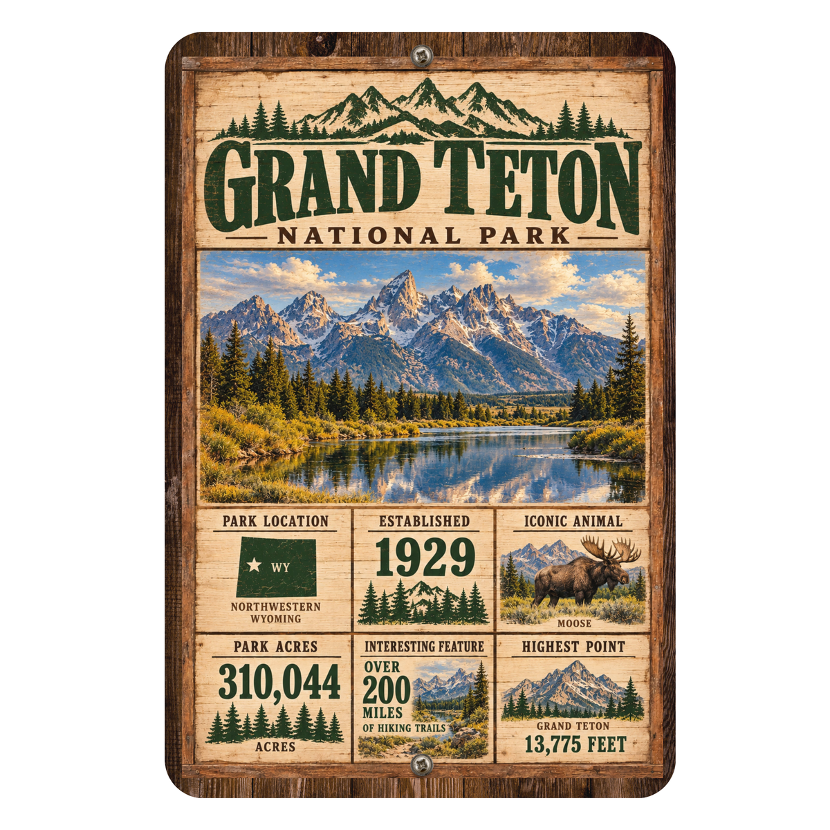 Grand Teton National Park facts aluminum sign with vintage Wyoming mountain artwork
