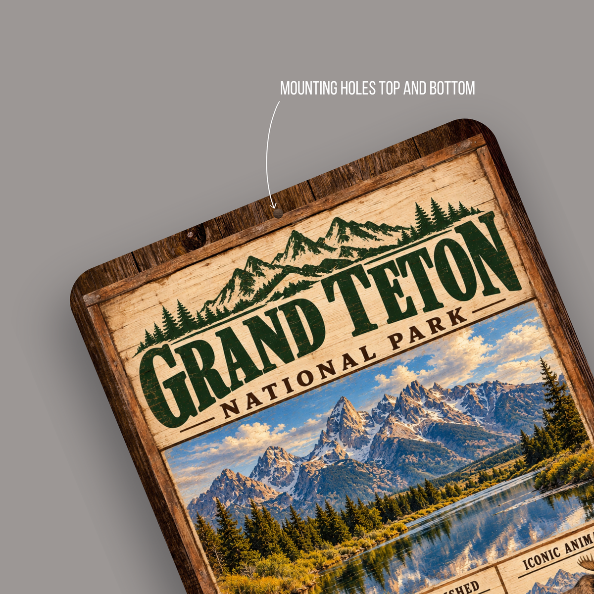 Grand Teton National Park aluminum sign showing rounded corners and mounting holes