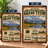 Grand Teton National Park facts sign shown in 8 by 12 and 12 by 18 inch sizes