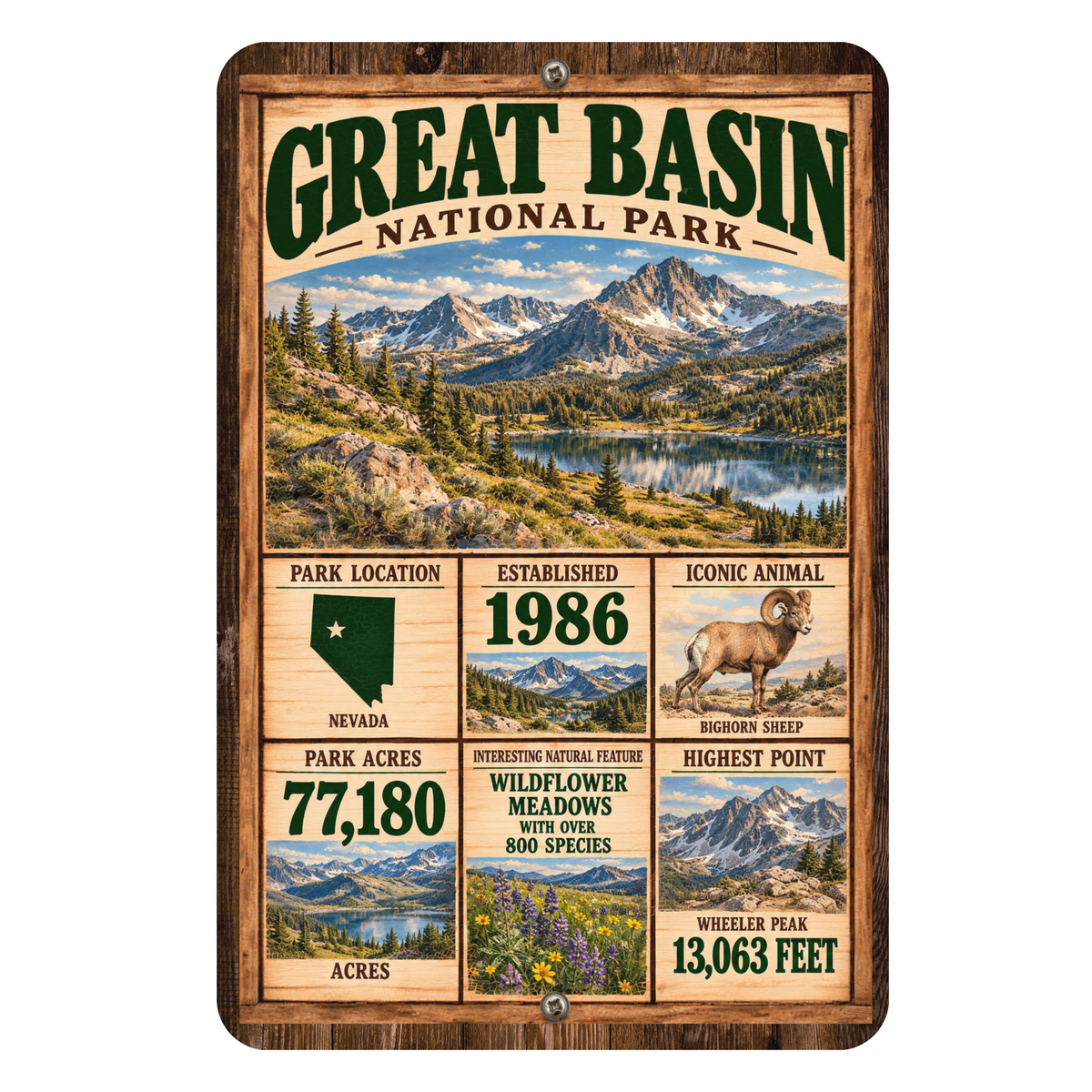 Great Basin National Park facts aluminum sign with vintage Nevada mountain artwork