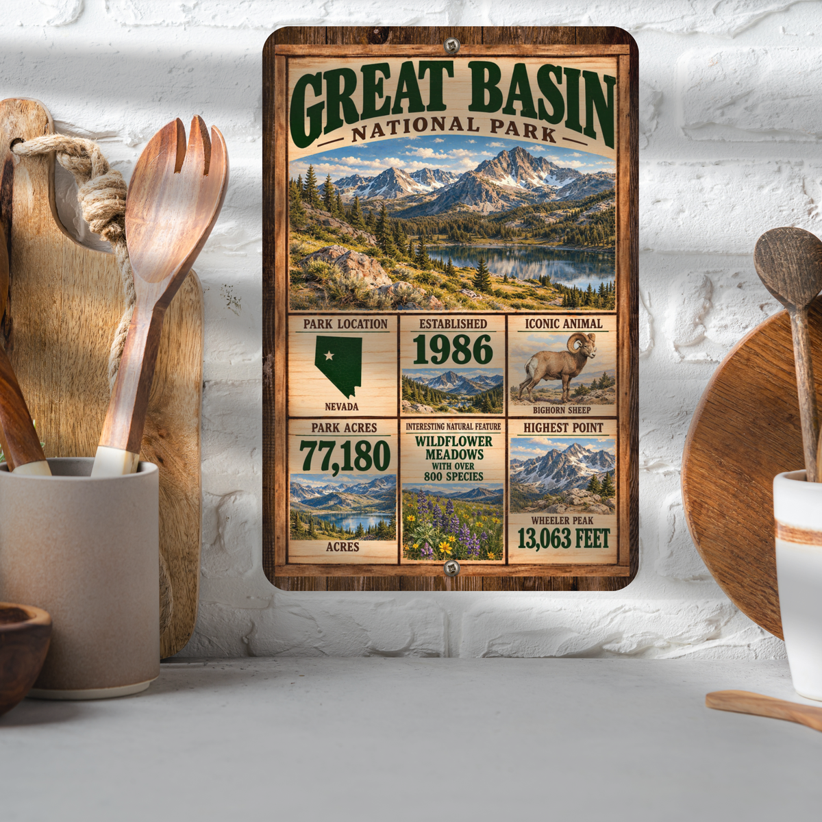 Great Basin National Park aluminum facts sign displayed in a kitchen