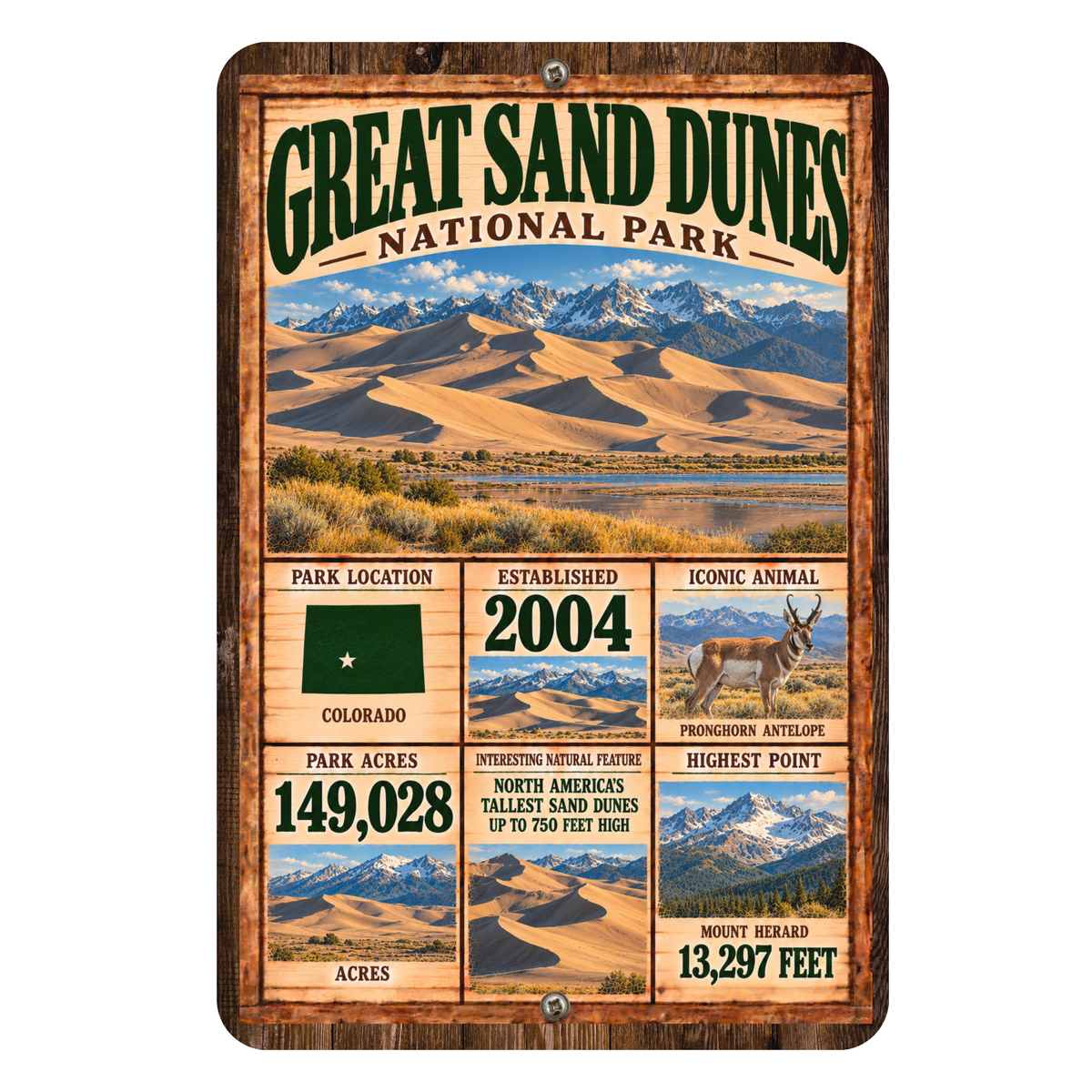Great Sand Dunes National Park facts aluminum sign with vintage Colorado landscape artwork
