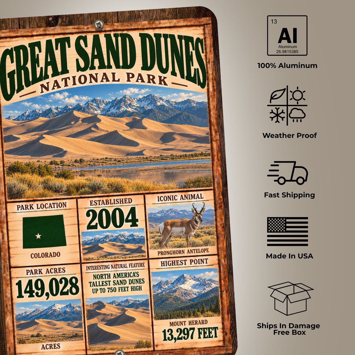 Great Sand Dunes National Park sign features including aluminum construction and weather resistance