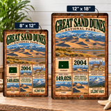 Great Sand Dunes National Park facts sign shown in 8 by 12 and 12 by 18 inch sizes