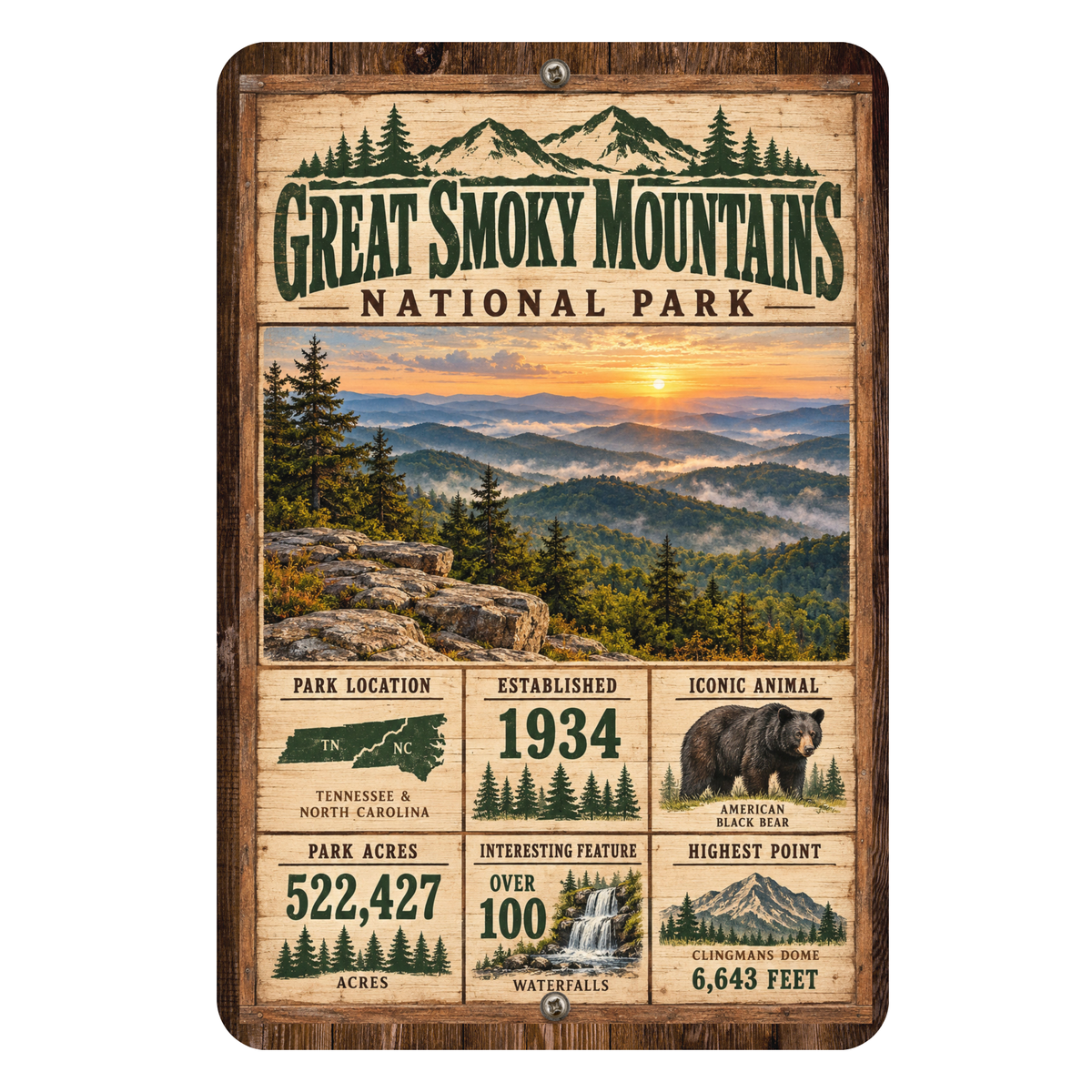 Great Smoky Mountains National Park facts aluminum sign with vintage mountain sunrise artwork