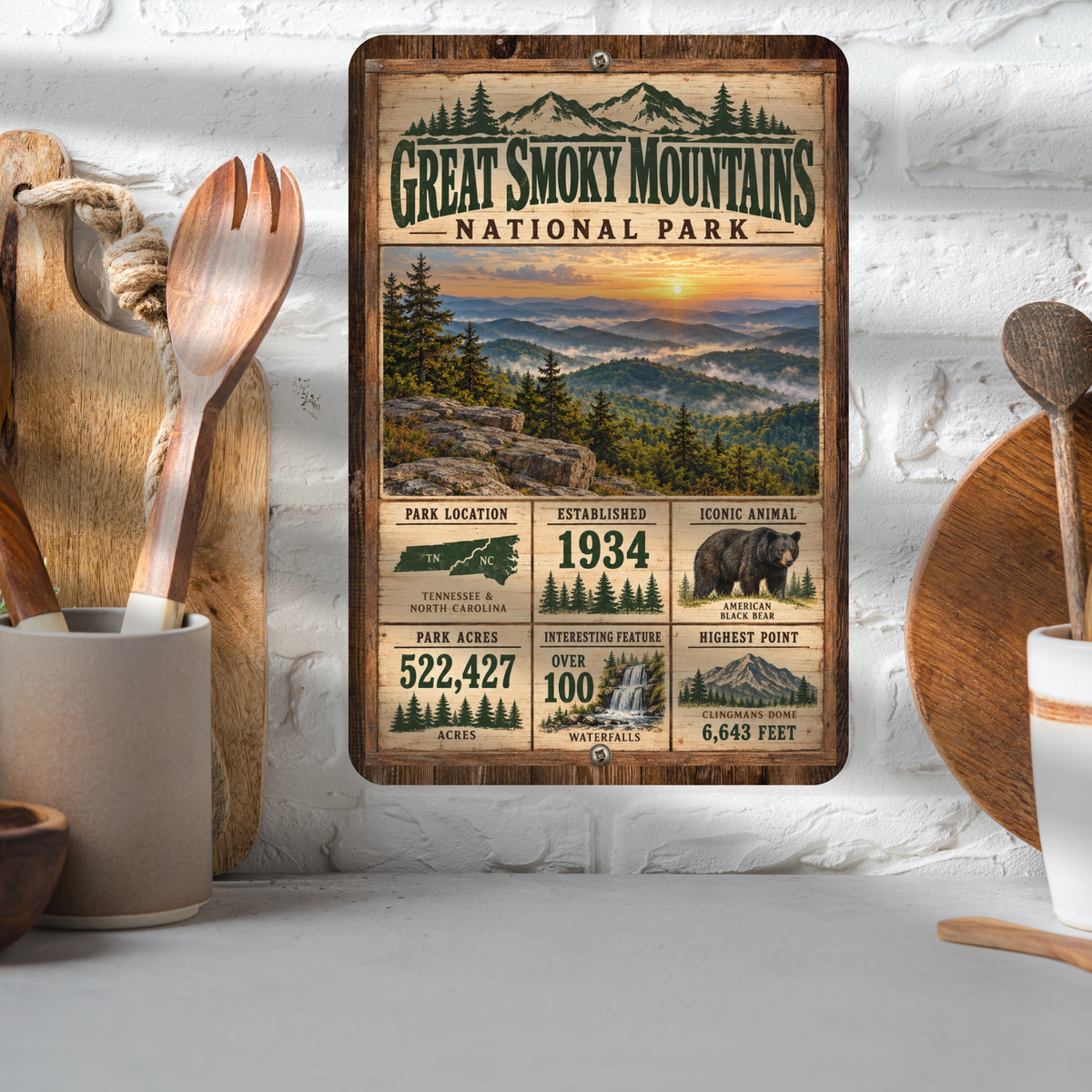 Great Smoky Mountains National Park aluminum facts sign displayed in a kitchen