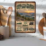 Great Smoky Mountains National Park aluminum facts sign displayed in a kitchen