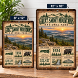 Great Smoky Mountains National Park facts sign shown in 8 by 12 and 12 by 18 inch sizes